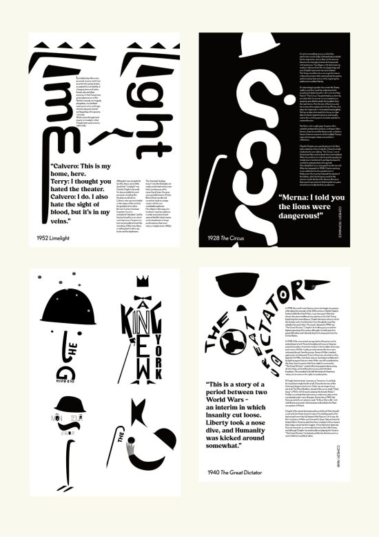 Projet d'un magazine-poster sur la filmographie de Charlie Chaplin (création de logotypes et mise en page) dans le cadre du concours "ISTD Typograph Award" en 2021 sur la thématique "Silence is Golden".